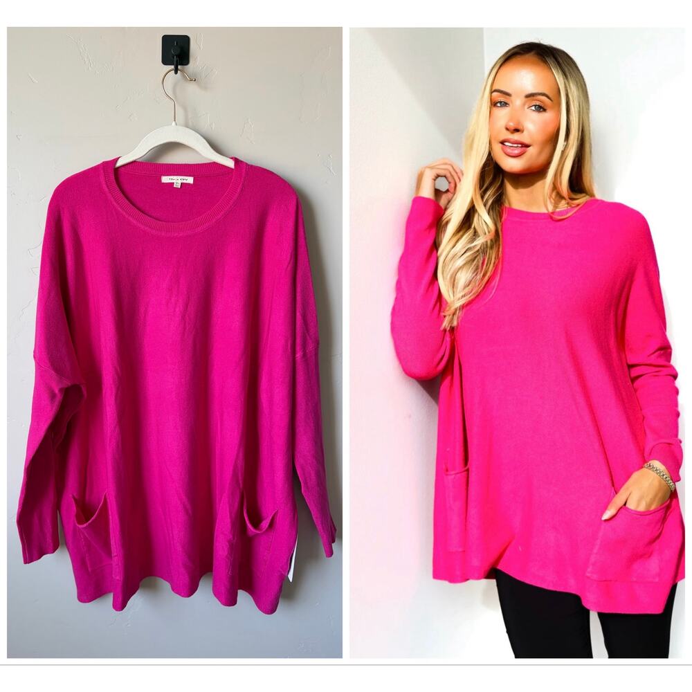 Tea n Rose Hot Pink Oversized Pocket Sweater Sz M/L Casual Comfy Cozy Chic - Picture 8 of 8